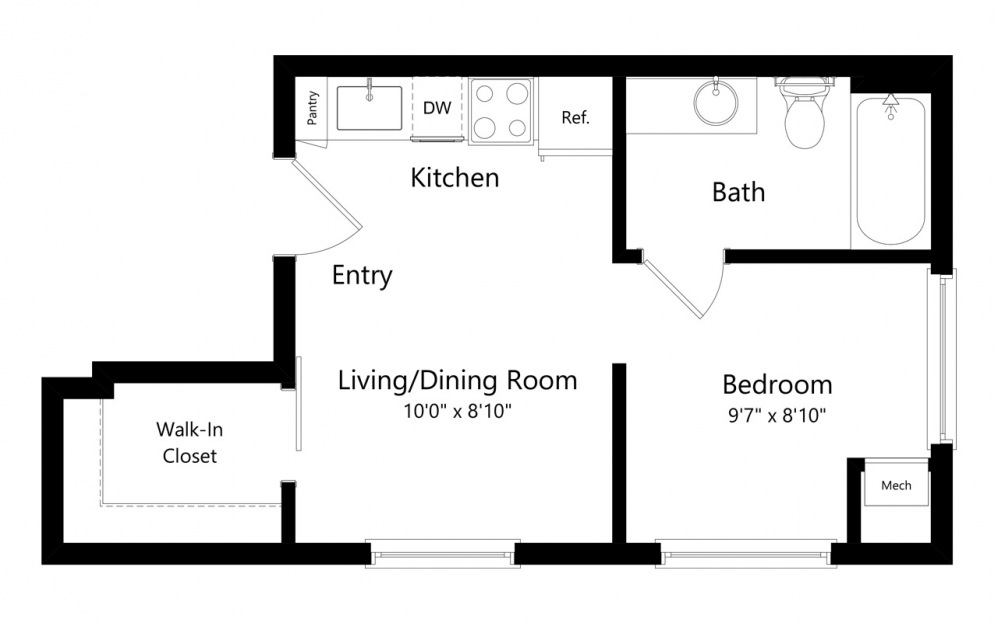 A1 - 1 bedroom floorplan layout with 1 bath and 374 square feet. (Preview)