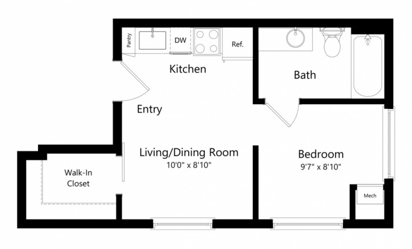 A1 - 1 bedroom floorplan layout with 1 bath and 374 square feet.