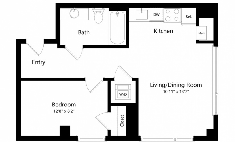 A3 - 1 bedroom floorplan layout with 1 bath and 543 square feet.