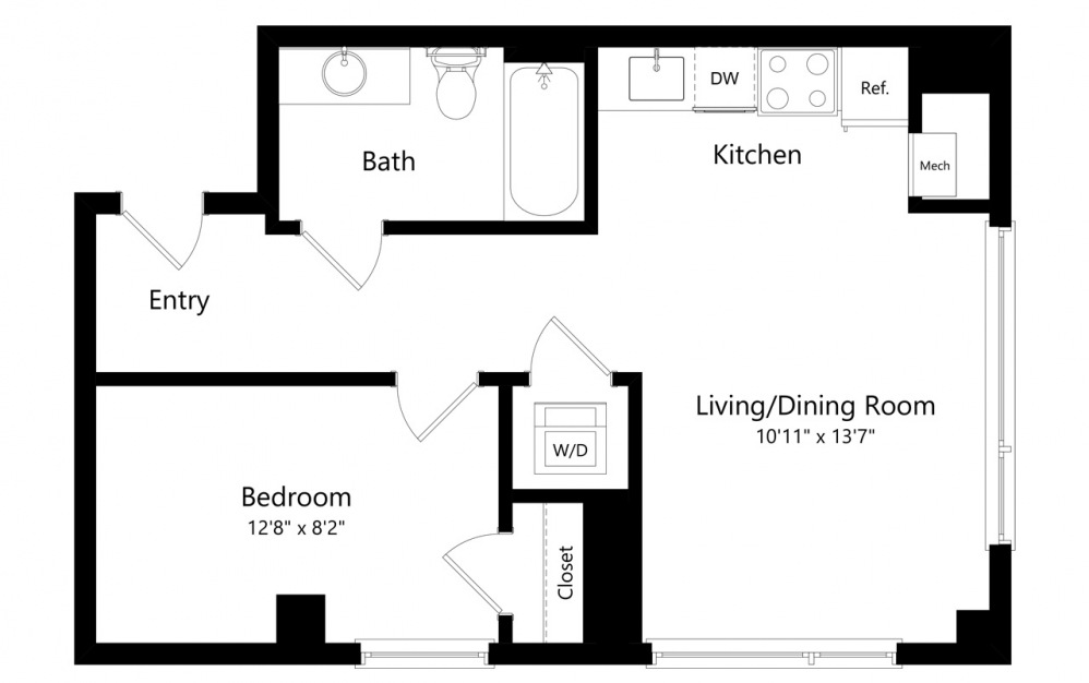 A3 - 1 bedroom floorplan layout with 1 bath and 543 square feet. (Preview)