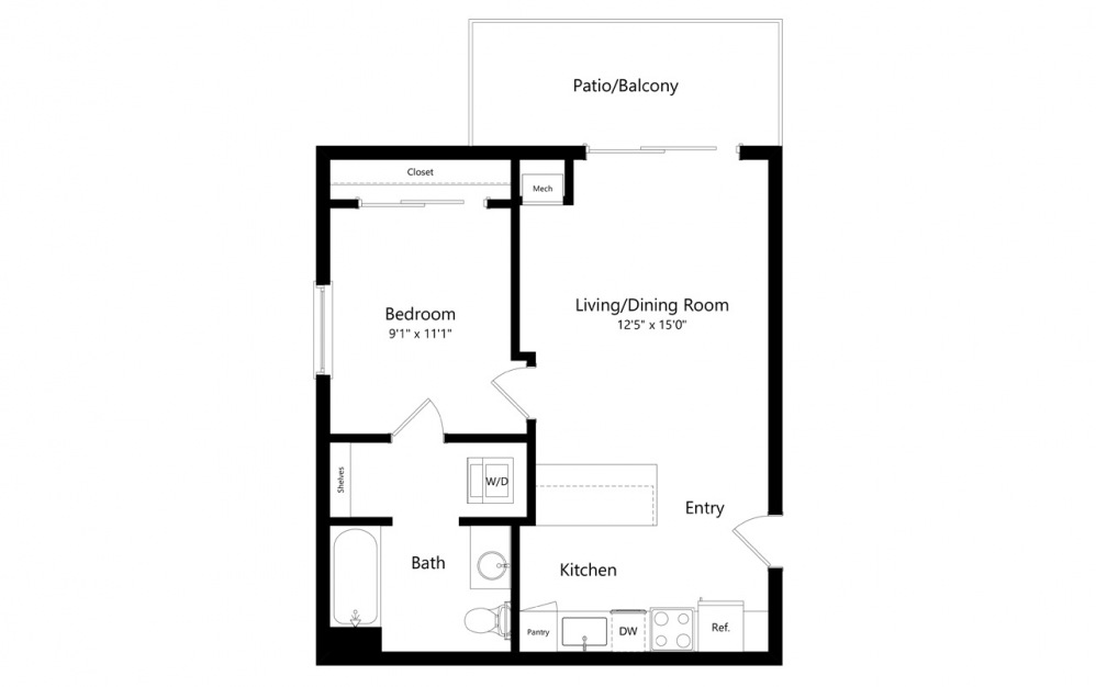 A4 - 1 bedroom floorplan layout with 1 bath and 571 square feet.