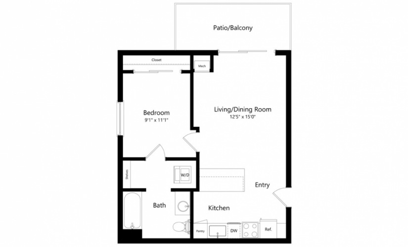A4 - 1 bedroom floorplan layout with 1 bath and 571 square feet.