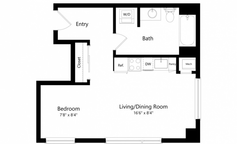 S10 - Studio floorplan layout with 1 bath and 486 square feet.