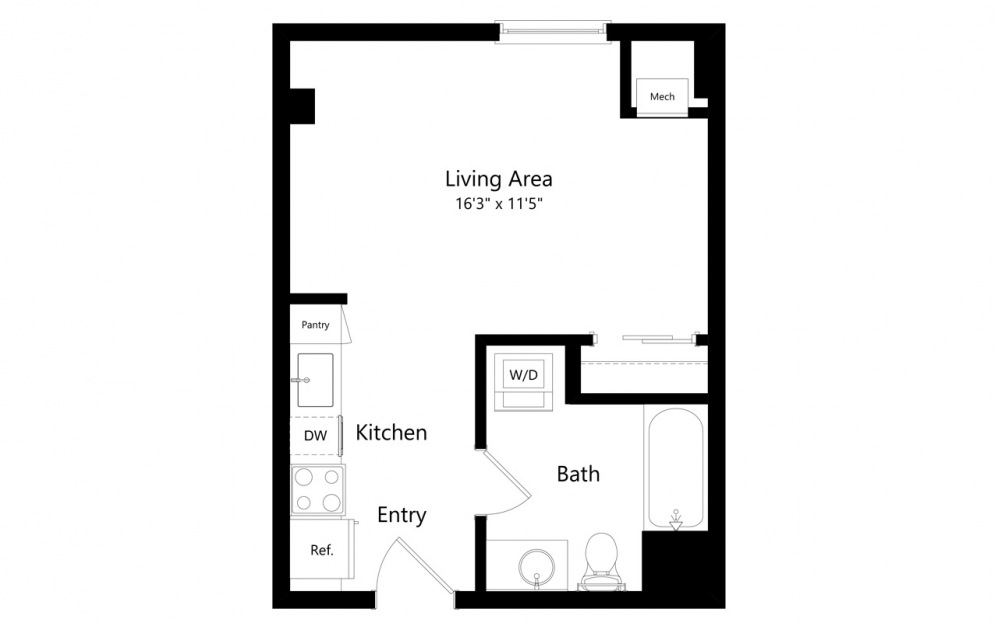 S3 - Furnished - Studio floorplan layout with 1 bath to 372 square feet.