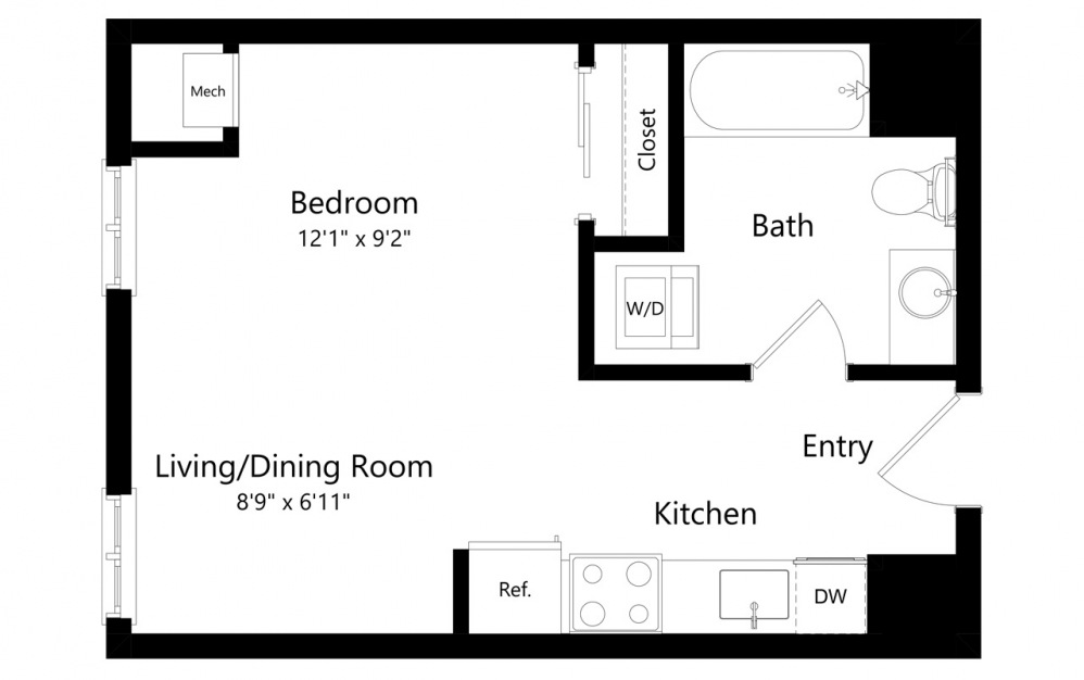 S4 - Studio floorplan layout with 1 bath and 390 square feet.