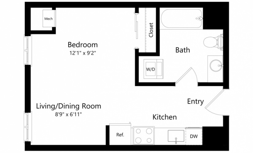 S4 - Studio floorplan layout with 1 bath and 390 square feet.