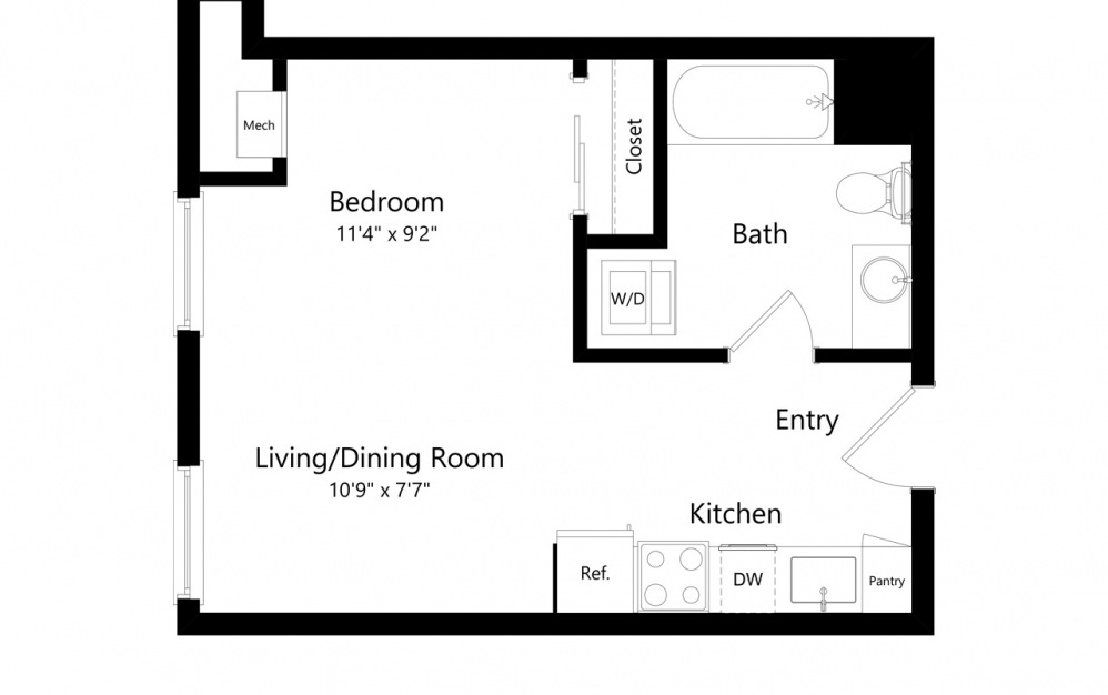 S5 - Studio floorplan layout with 1 bath and 390 square feet.