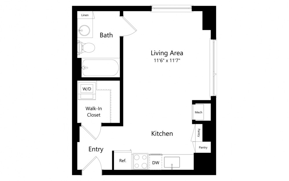 S6 - Studio floorplan layout with 1 bath and 395 square feet.