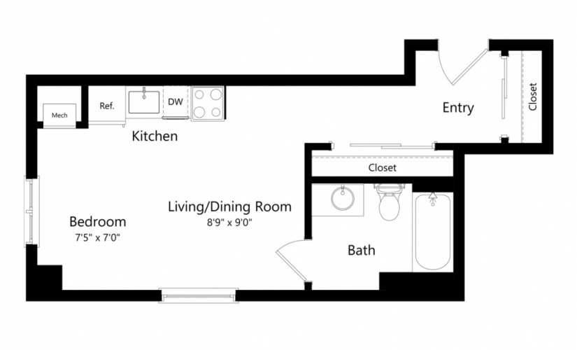 S7 - Studio floorplan layout with 1 bath and 396 square feet.