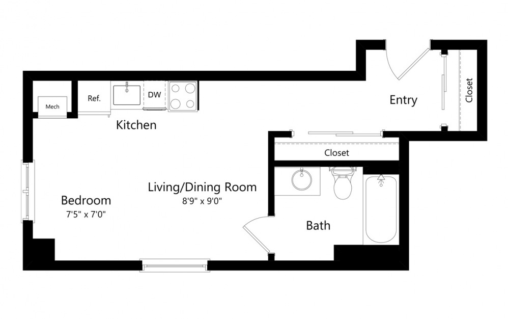 S7 - Studio floorplan layout with 1 bath and 396 square feet. (Preview)